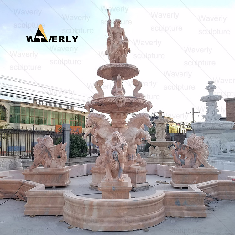 Large Marble Fountain With Children Cherub Riding On Lion Back -MFK311007