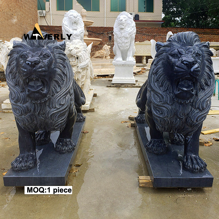 Black Traditional Main Entrance Pair Of Stone Lions Sculpture  MKL-32005