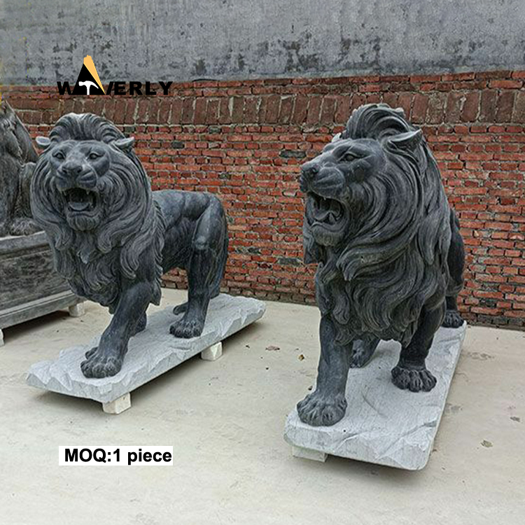 Black Traditional Main Entrance Pair Of Stone Lions Sculpture  MKL-32005