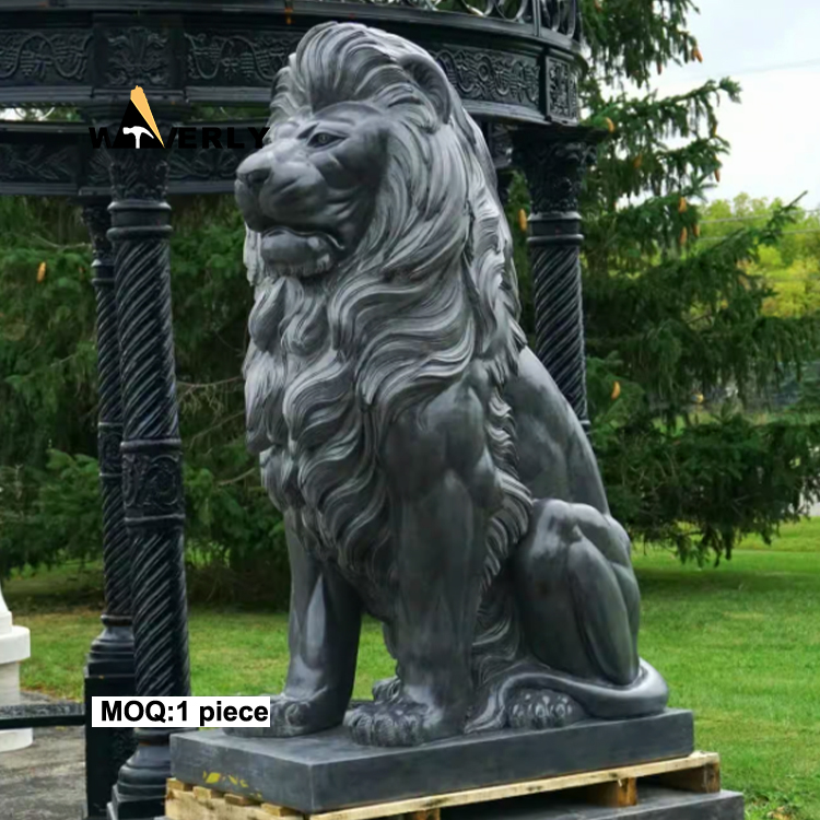Black Traditional Main Entrance Pair Of Stone Lions Sculpture  MKL-32005