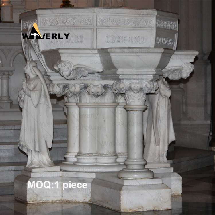 White Marble Church Baptismal Basin Sculpture -40905