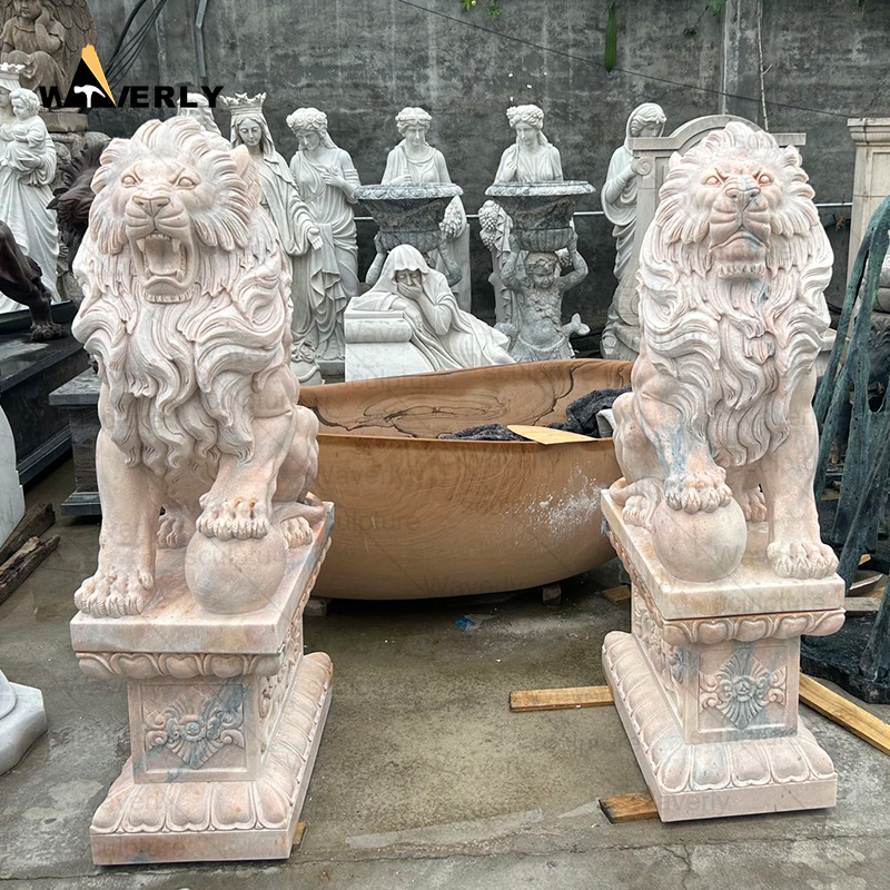 Garden sunset red marble stone sitting lion statue sculpture ML-111202
