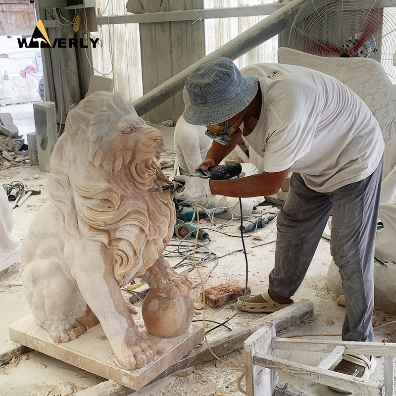 Garden sunset red marble stone sitting lion statue sculpture ML-111202