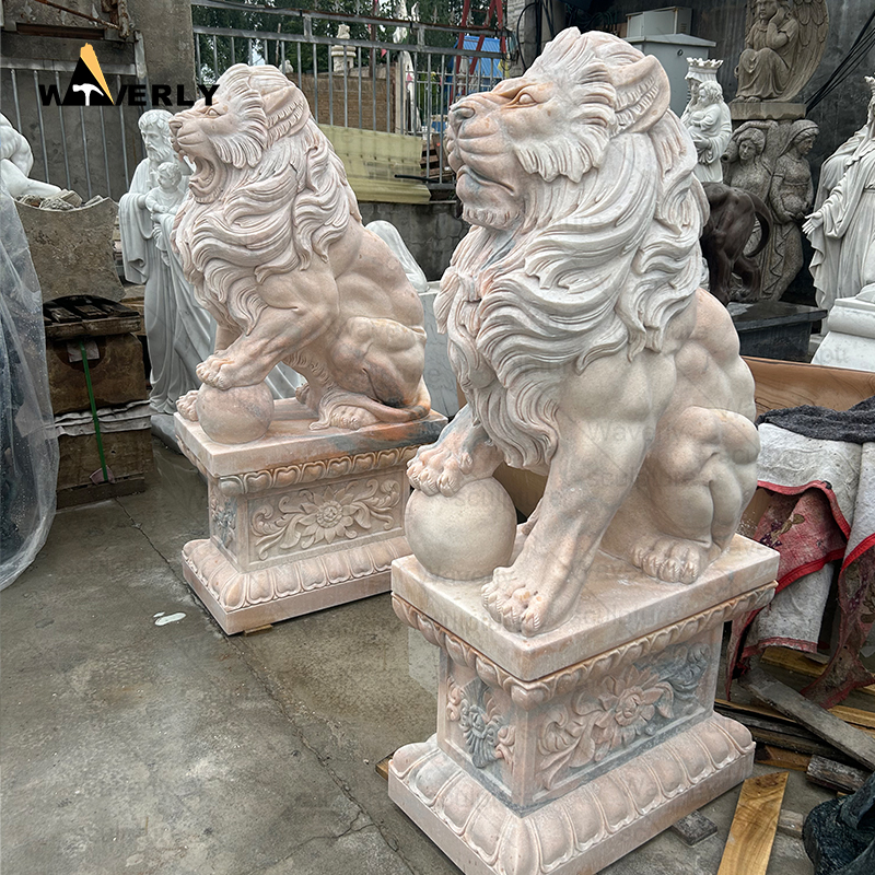 Garden sunset red marble stone sitting lion statue sculpture ML-111202