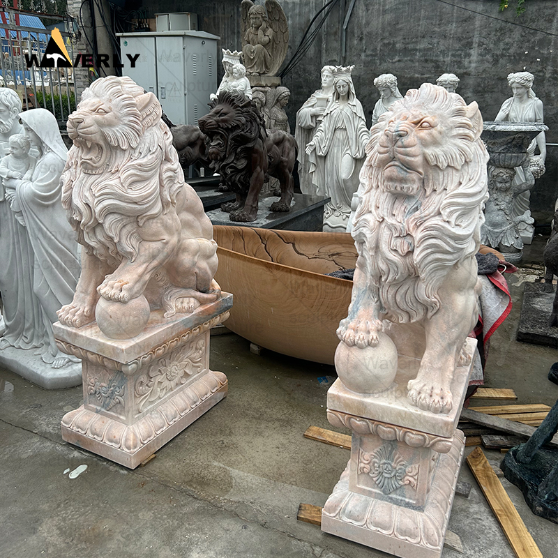 Garden sunset red marble stone sitting lion statue sculpture ML-111202
